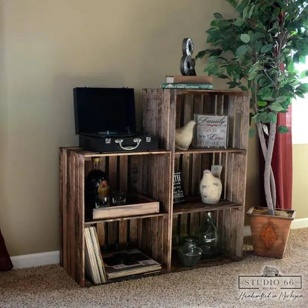 Handcrafted rustic medium brown turntable stand with LP storage.