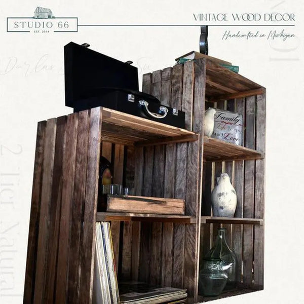 Vintage inspired medium brown wood record player stand with storage.