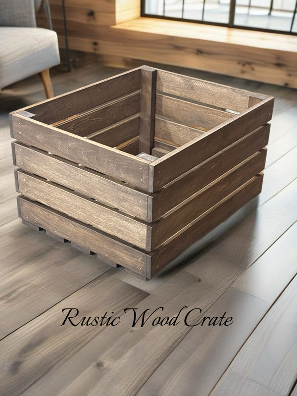 Rustic wooden crate with slat ends, medium brown stained farmhouse storage