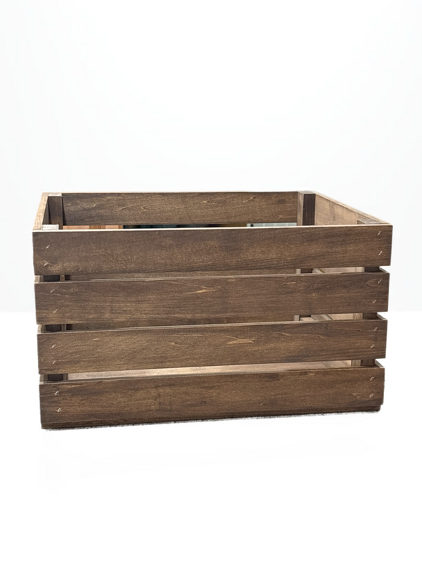 Closeup of medium brown wooden slat end crate, rustic handmade storage box