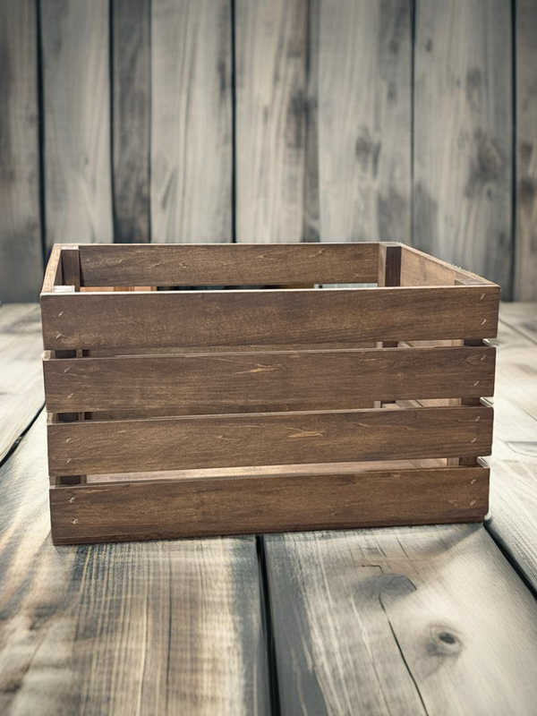 Rustic medium brown slat end crate for farmhouse storage and home display