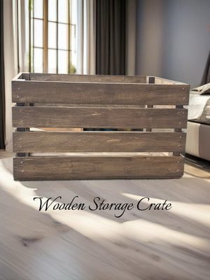 Rustic farmhouse display crate with slat ends, medium brown wood finish