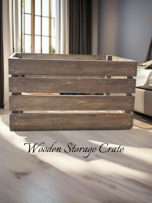 Rustic farmhouse display crate with slat ends, medium brown wood finish