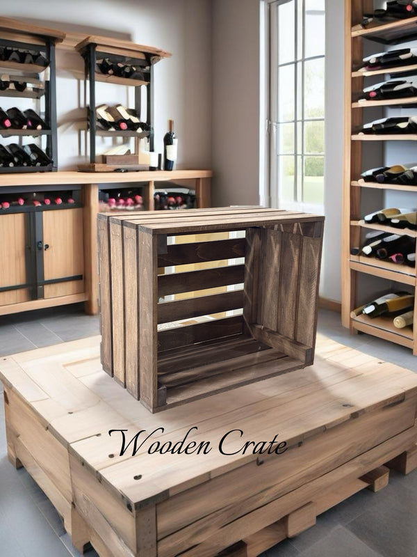 Medium brown slat end wooden crate, rustic farmhouse storage box