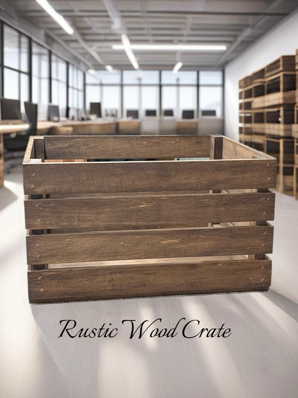 Handmade wooden storage crate, rustic medium brown stained slat end box