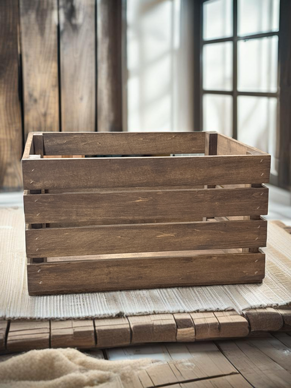 Rustic farmhouse wooden crate with slat ends, medium brown stain