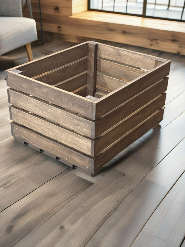 Wooden slat end crate in medium brown finish for rustic storage and decor
