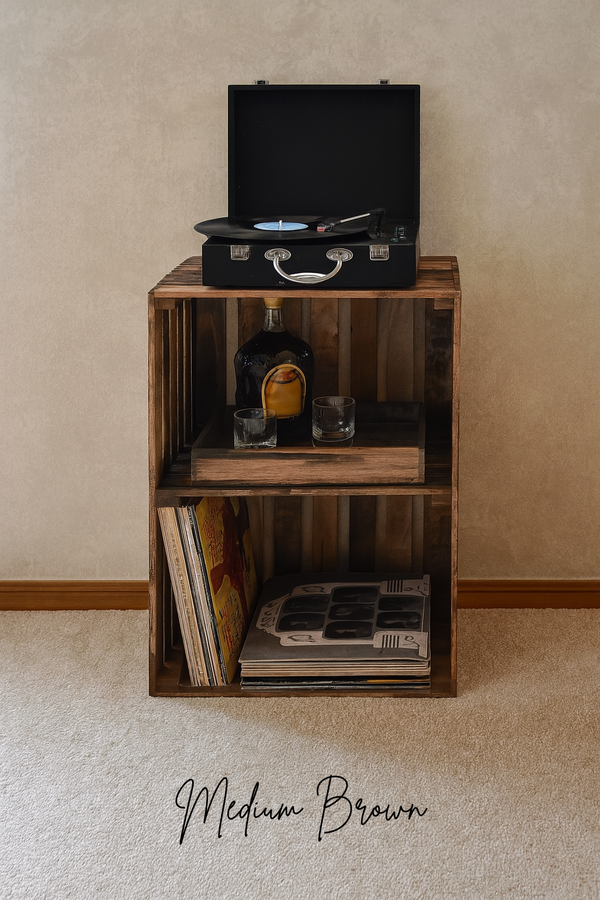 Medium brown rustic turntable stand with record storage shelves.