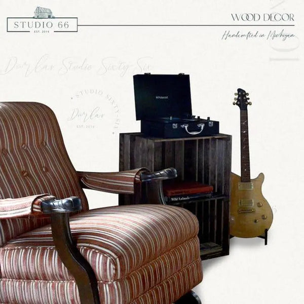 Farmhouse style medium brown turntable stand and record holder.