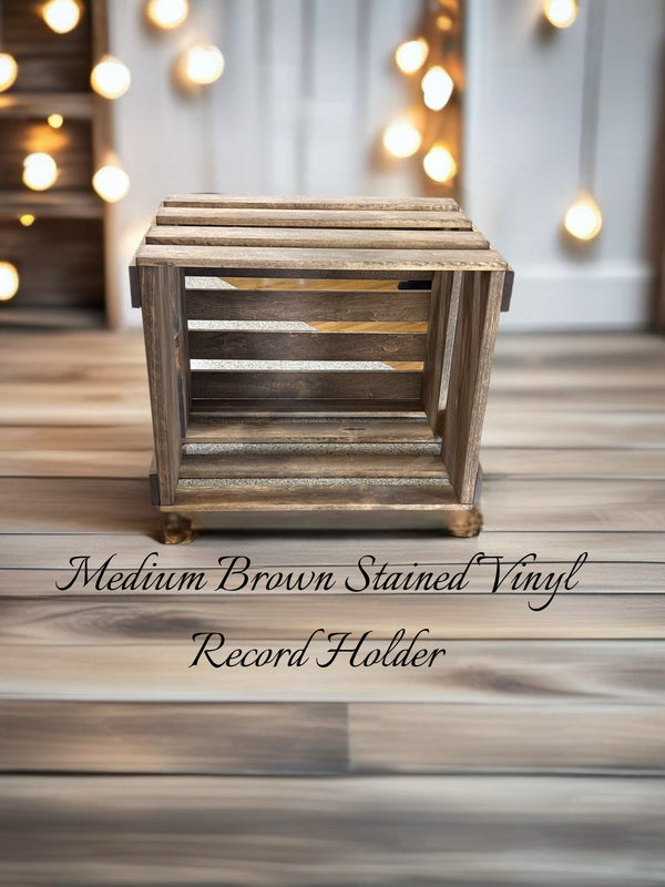 Medium brown stained wooden vinyl record holder crate for LP storage