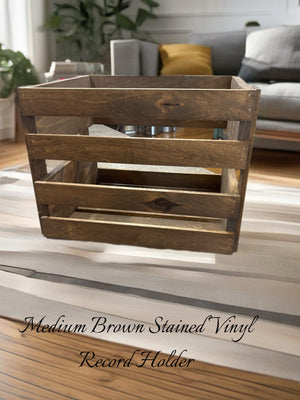 Medium brown stained vinyl record holder crate with rustic wood design, perfect for LP storage