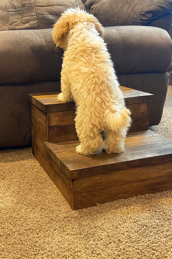 Small fluffy dog using a medium brown stained wooden 2-step stool in front of a couch.