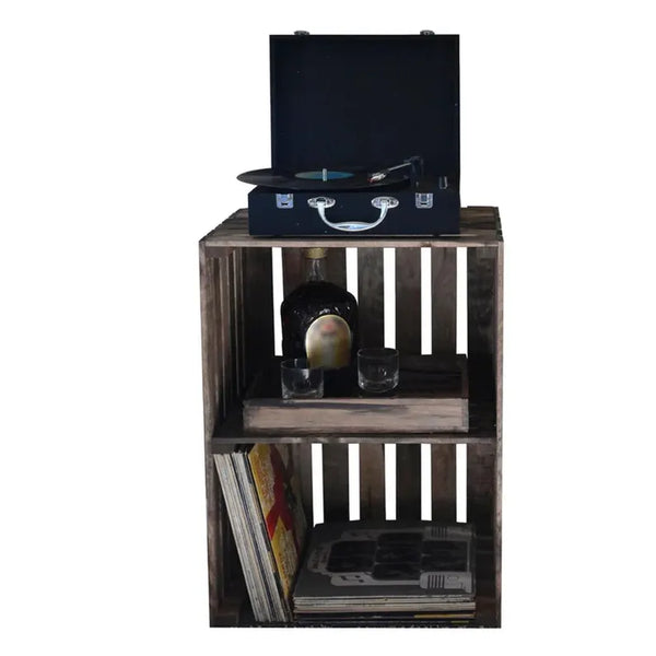 Two-tier medium brown vinyl record stand and wooden turntable holder.