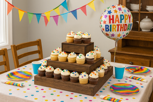 Rustic 3-tier medium wood cupcake stand with cupcakes at a birthday party.