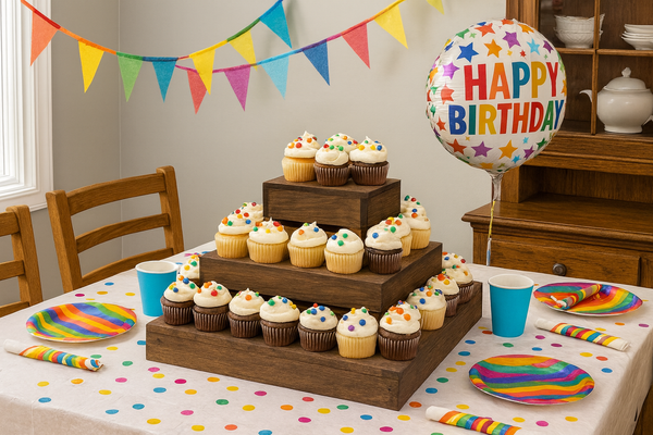 Rustic 3-tier medium wood cupcake stand with cupcakes at a birthday party.