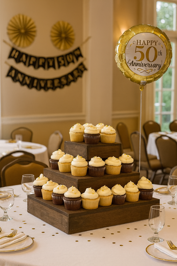Wooden cupcake stand in medium stain displayed with cupcakes at a 50th anniversary celebration