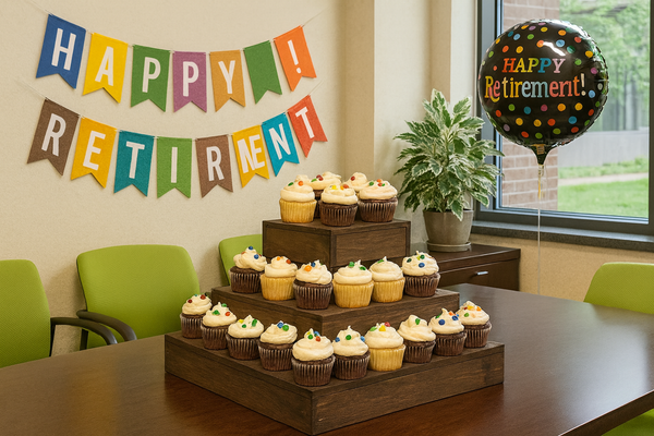 Rustic medium-stained wooden cupcake stand with cupcakes at a retirement party