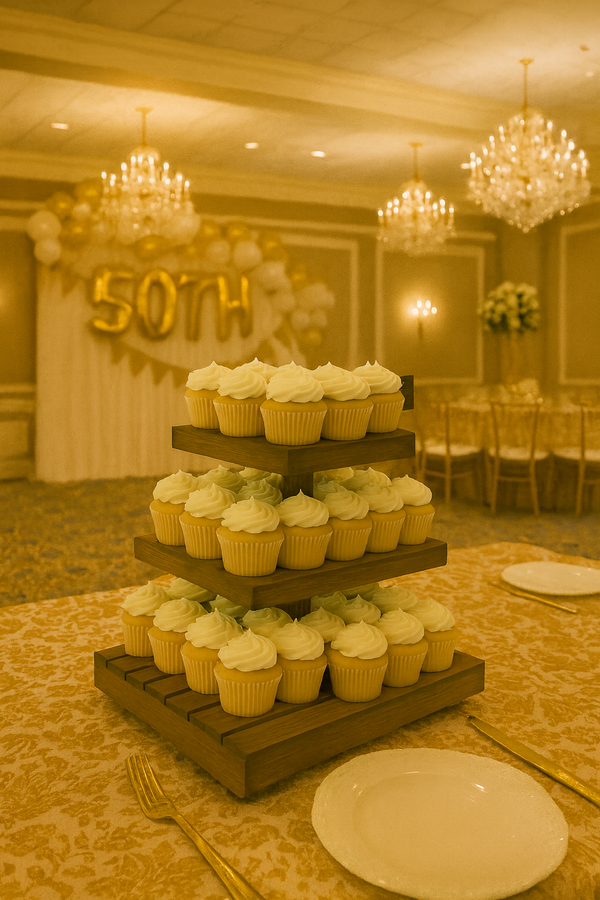 Medium rustic cupcake stand with cupcakes displayed at a 50th anniversary celebration.