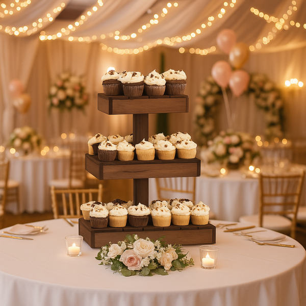 Rustic medium cupcake stand with cupcakes at a wedding-style display.
