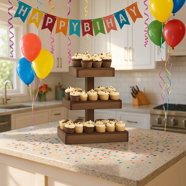 Medium tiered cupcake stand filled with colorful cupcakes, rustic handmade wood.