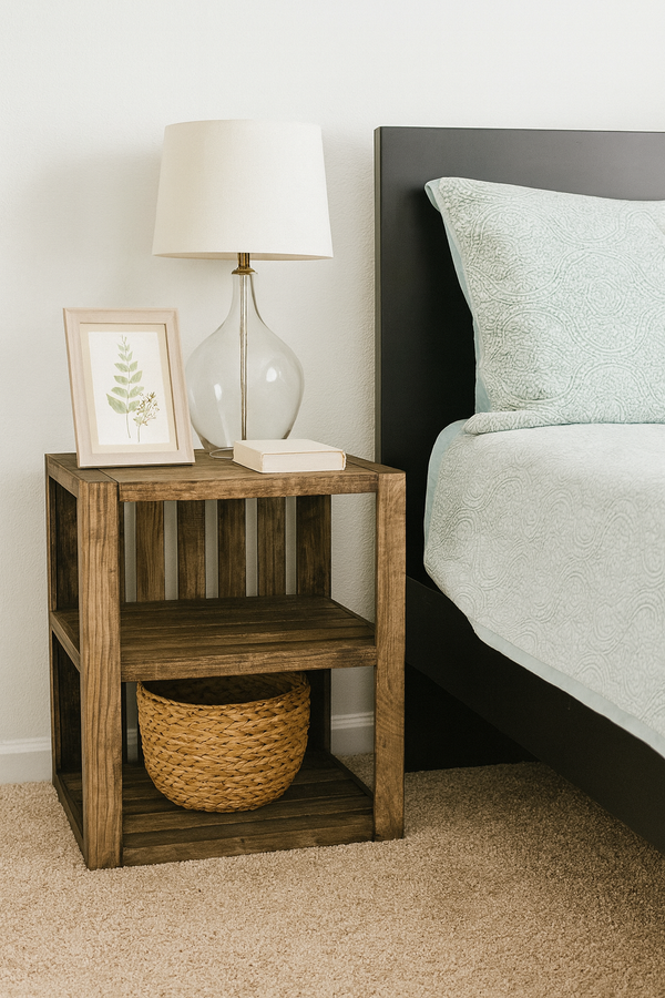 Rustic medium wooden end table used as nightstand with lamp, basket, and decor beside bed.