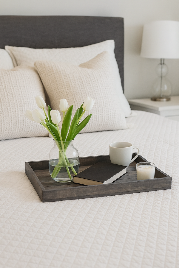 Medium gray wooden serving tray on bed with tulips, coffee, and book