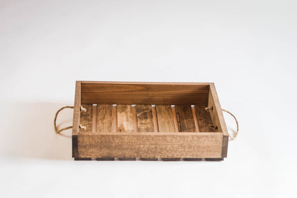 Medium rustic wooden serving tray with rope handles, farmhouse style home décor and organizer.