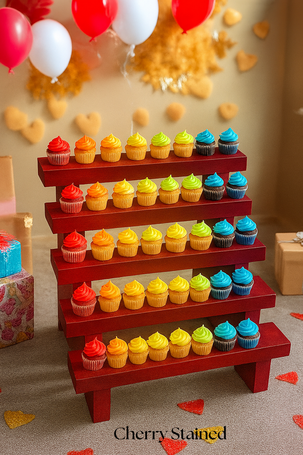 Wooden mini cupcake stand in cherry stained finish, holds colorful cupcakes for events