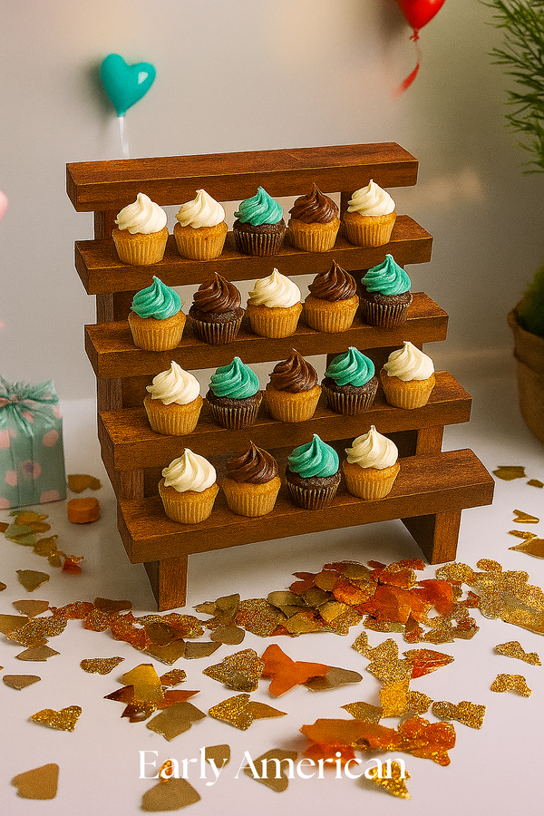 Rustic mini cupcake stand in early american stain, ideal for cupcakes and baked goods