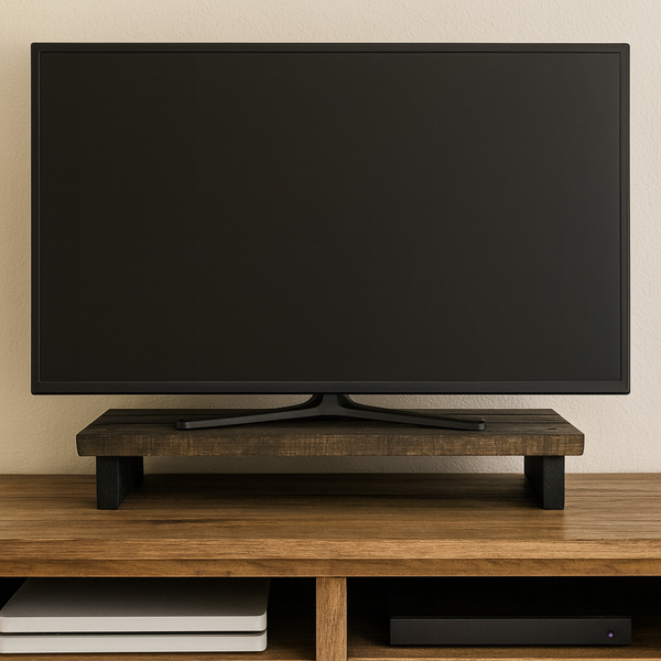Rustic dark wood monitor stand doubling as TV riser on modern console table.