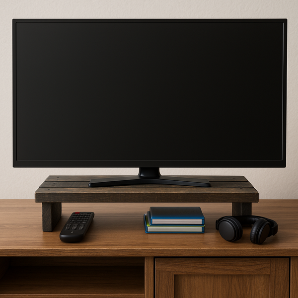 Rustic wooden monitor stand used as TV riser with headphones and books on cabinet.