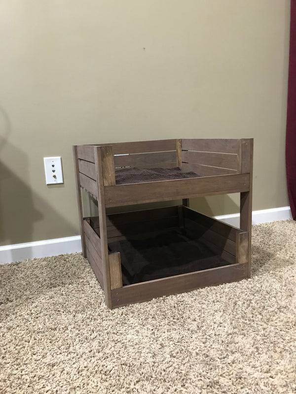 Rustic two-level medium brown pet bunk bed for small dogs or cats