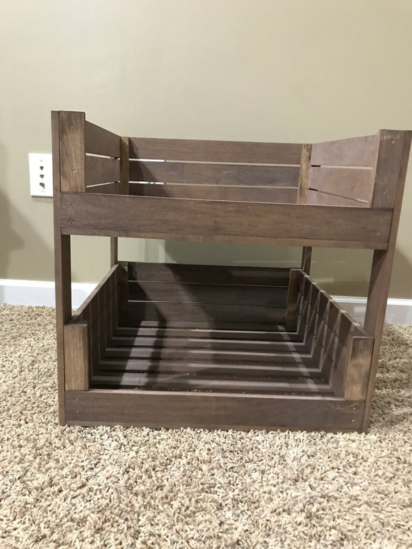 Double-decker wooden pet bunk bed for pets in medium brown