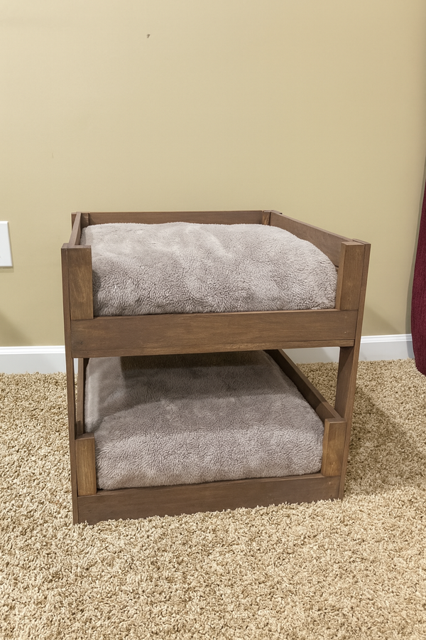 Rustic medium brown pet bunk bed with cushions