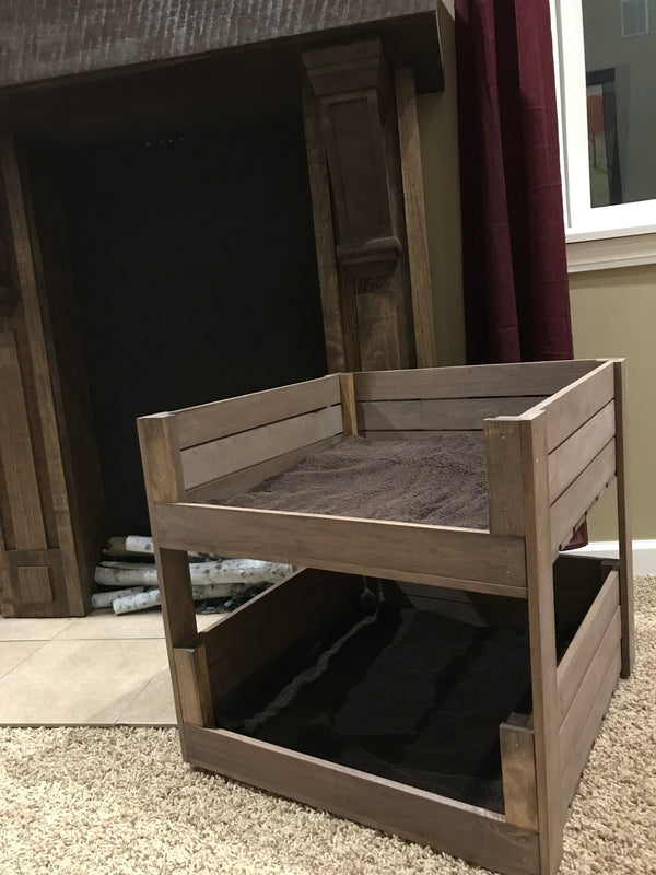 Medium brown wooden pet bunk bed with two tiers