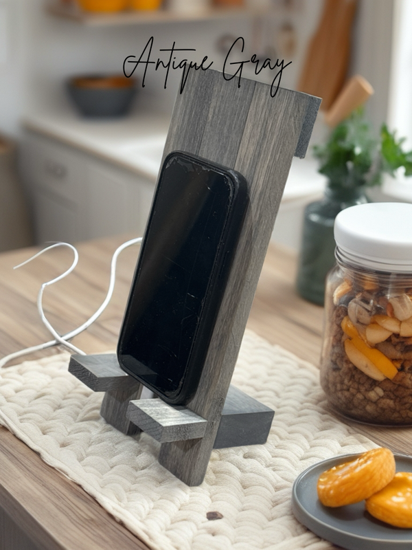 Rustic wooden phone stand in Antique Gray stain, handmade farmhouse style