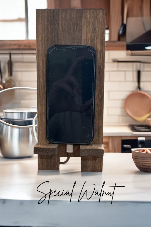Wooden phone stand in Medium Brown stain, rustic handcrafted style