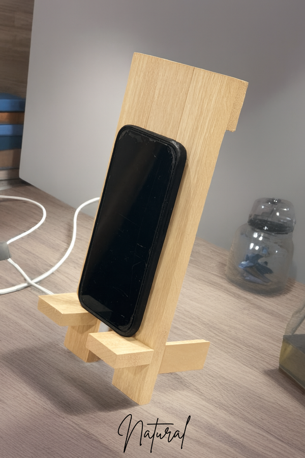Natural unfinished wooden phone stand, farmhouse rustic design