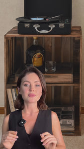 Video showcasing medium brown wooden turntable stand with 2-tier vinyl record storage, rustic farmhouse LP organizer and record player table.
