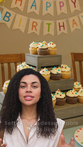 Video demonstration of antique gray 3-tier wooden cupcake stand used for weddings, birthdays, and rustic farmhouse events.