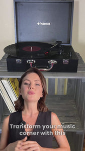 Antique gray wooden 2-tier turntable stand with vinyl record storage in rustic farmhouse style.