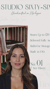 Video of rustic cherry stained 2-tier wooden turntable stand with vinyl records and record player.