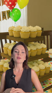 Video of a medium stained wood cupcake stand, rustic three-tier dessert display for parties, weddings, bakeries, and events.