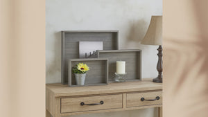 Video of rustic gray farmhouse tray set in multiple sizes for home decor.