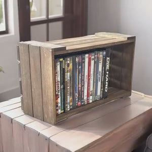 Rustic wooden DVD holder crate video showcasing design and storage capacity.