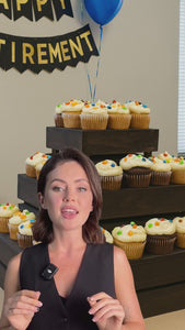 Showcase video of a rustic dark stained 3-tier wooden cupcake stand, ideal for weddings, birthdays, and parties.