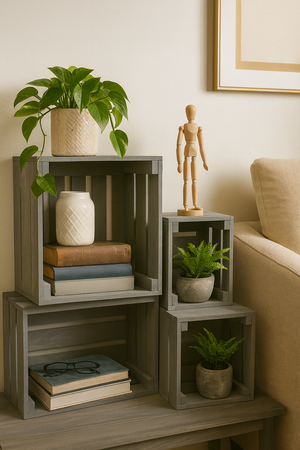 Gray wooden nesting crates set of 4 with plants, books, and farmhouse décor