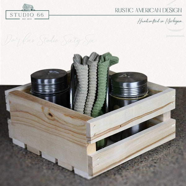 Rustic American design natural crate holding kitchen jars and towels
