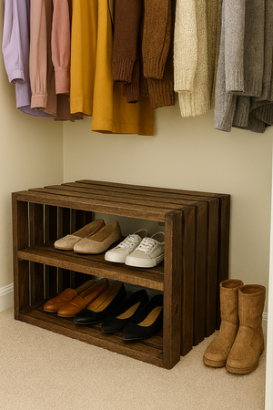 Rustic dark walnut wooden shoe rack in a closet holding women’s flats and sneakers