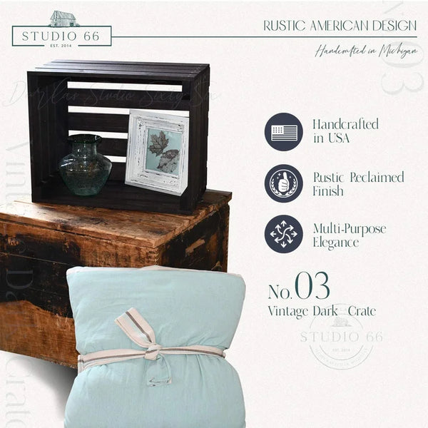 Dark wooden crate with slat ends styled for home décor, rustic farmhouse organizer
